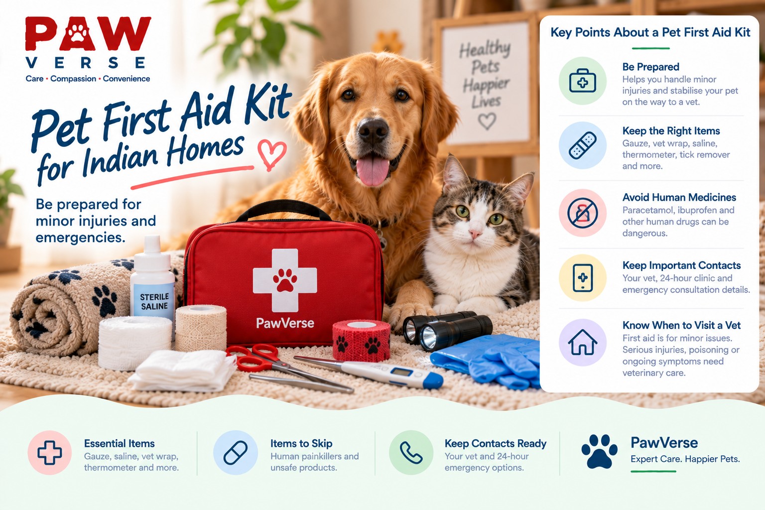 Pet First Aid Kit for Indian Homes: What to Keep, What to Skip, and When First Aid Stops